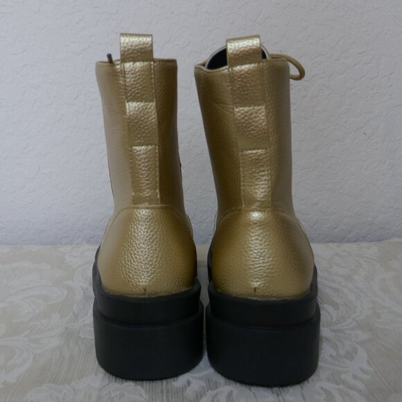 Gold Combat Mid Calf Lace Up Boots Zipper Detail Lug Heels Womens 43/12 - Picture 3 of 12